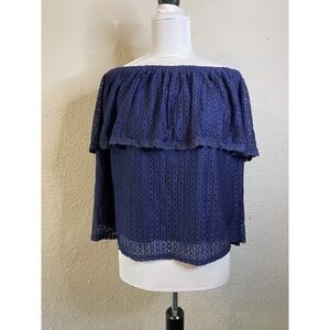 Ivy Rose Eyelet Off Shoulder Top Ruffle Flounce Navy Blue‎ Blouse 2X